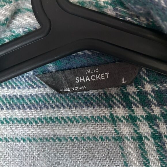 💙 MEMBER'S MARK PLAID FLANNEL SHACKET POCKETS BUTTON UP CREAM BLUE TEAL LARGE - Picture 4 of 5